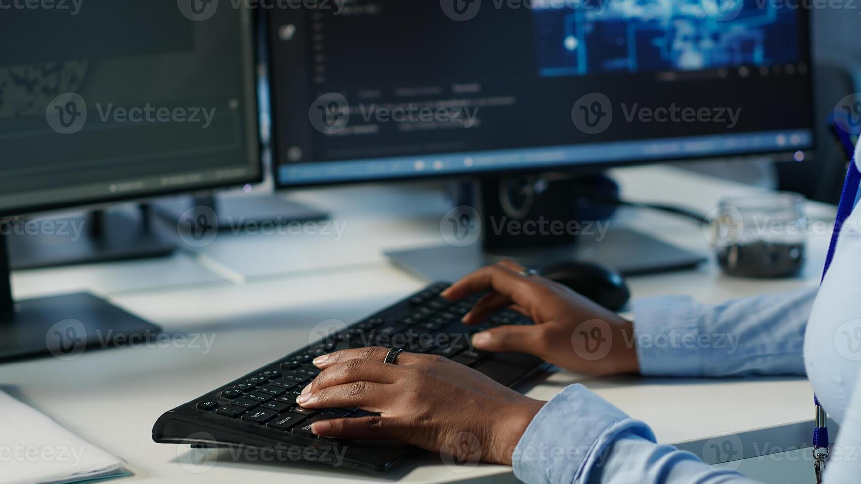 Data center admin using PC to find misconfigurations affecting rackmounts performance. Person checking servers bottlenecks leading to sluggish data transfer rates and malfunctions, camera A close up photo