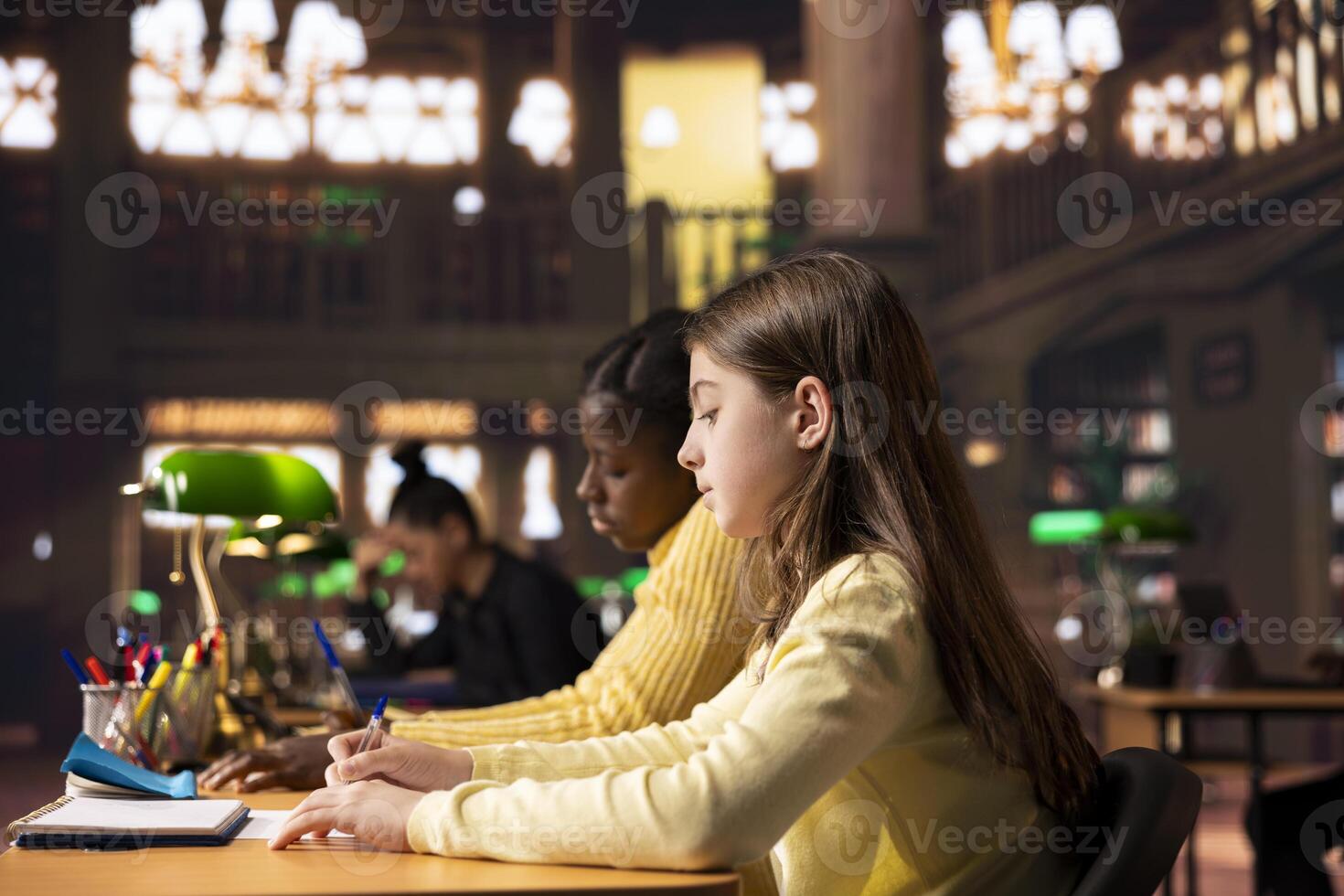 Two young students preparing for a lecture and writing ideas in notebooks at a study desk in a library, creating a reflective essay as homework. Girls focused on their school work. photo