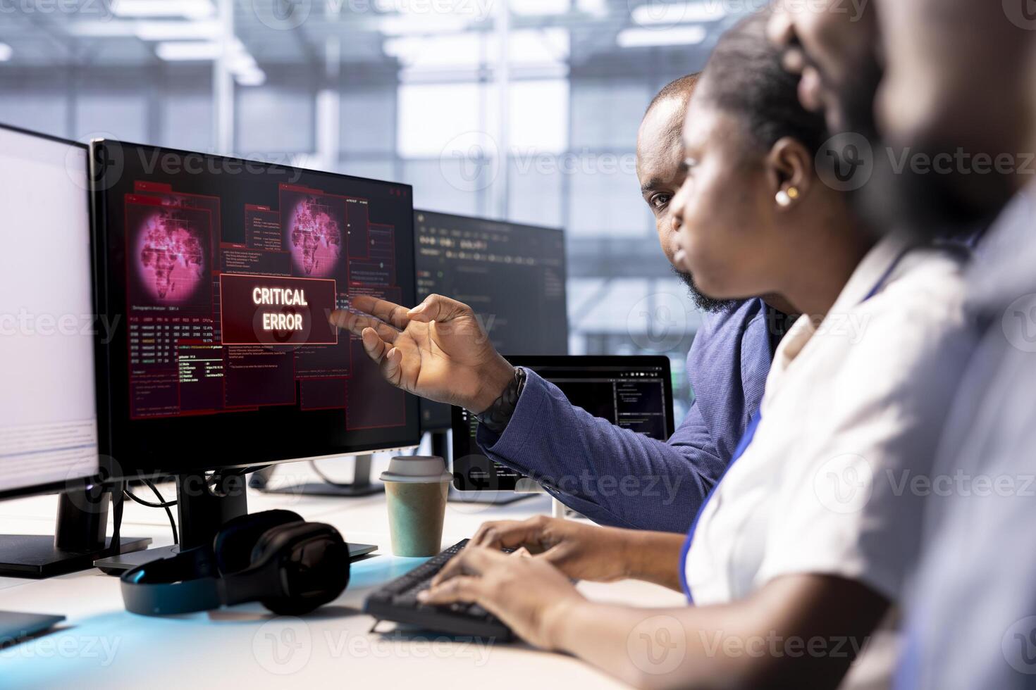 Cybersecurity coworkers monitoring security incidents affecting server hub network system, alerted by security breach alert, brainstorming ways to eliminate danger, protecting infrastructure photo