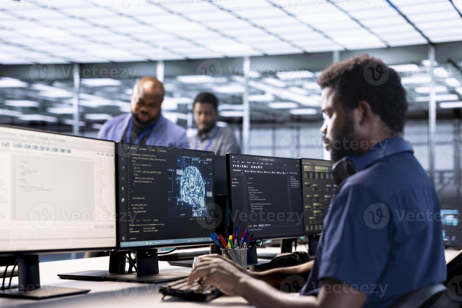 Server farm IT specialist using AI systems to input data faster during complex computational tasks. Software developer in data center using artificial intelligence parallel processing tech photo