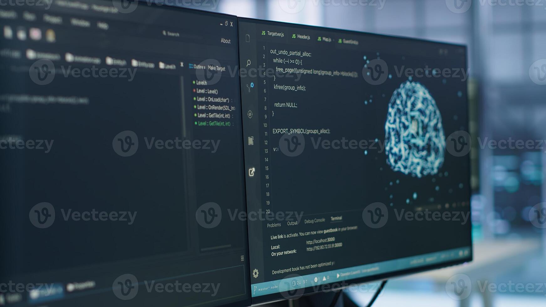 PC displays in data center providing computing resources for artificial intelligence processing massive datasets for training. Close up of code lines on computer in server room for machine learning photo