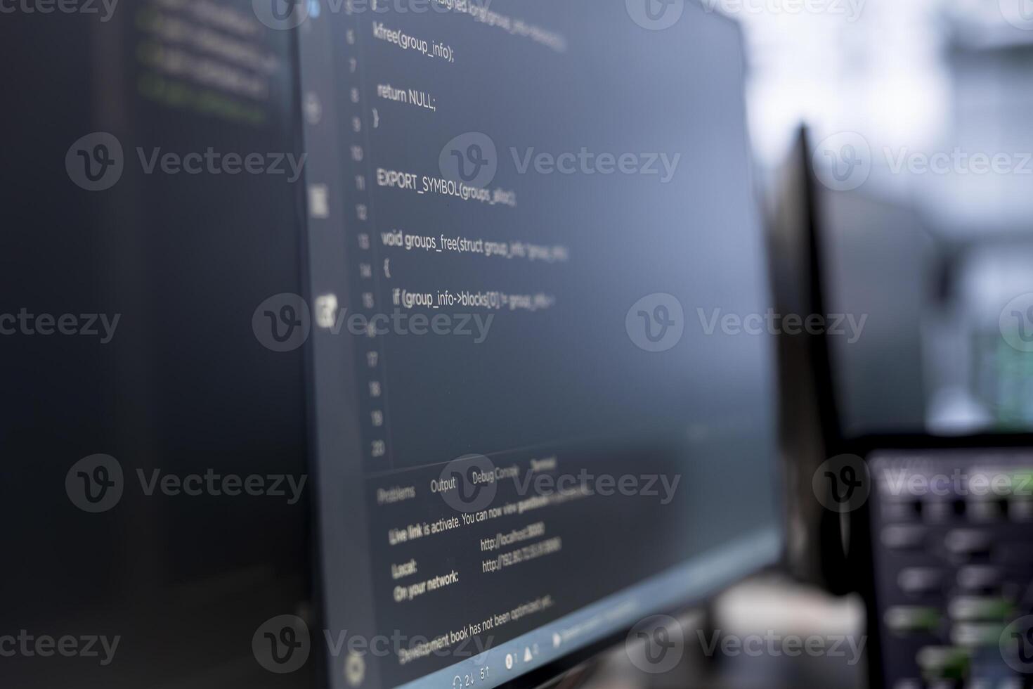 Close up of computers in empty data center facility managing rackmounts energy consumption. Binary script running on PC monitors used for automation and monitoring processes in server room photo