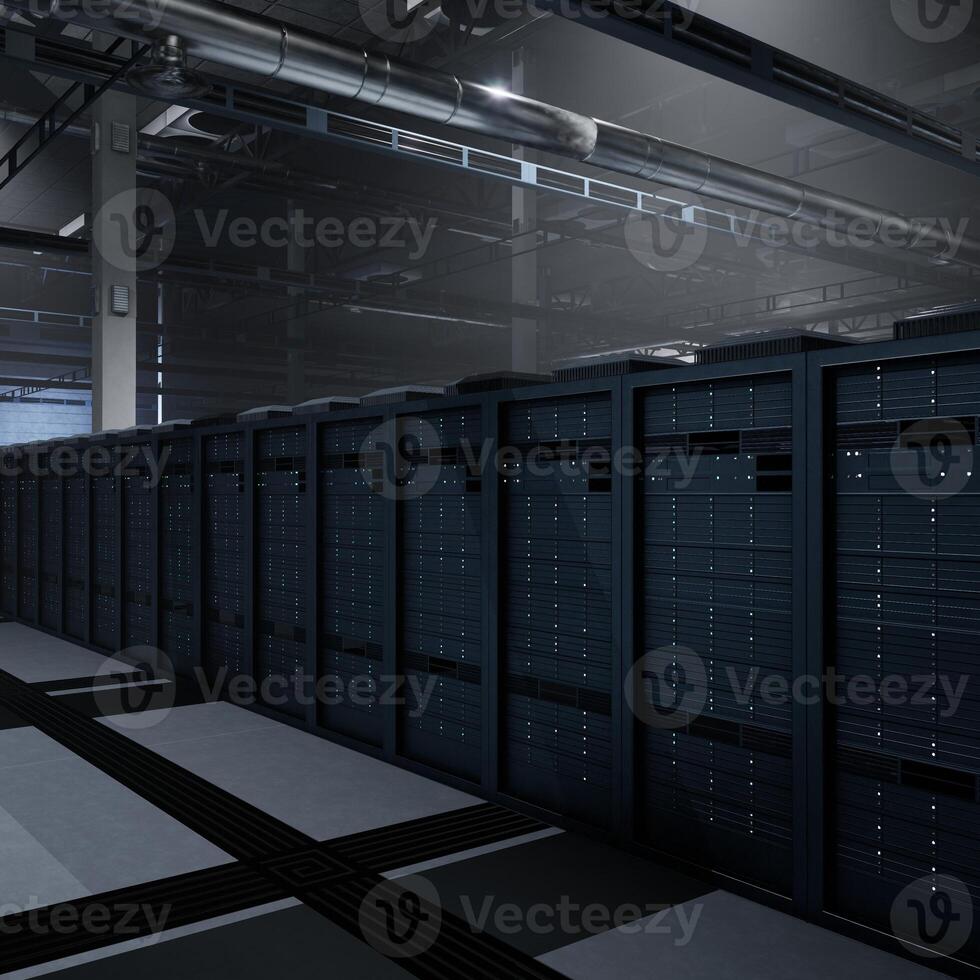 Rackmounts gear enabling neural network development, deep learning analytics and real time AI modeling. Server clusters handling storage and processing of large data batches, 3D rendering photo