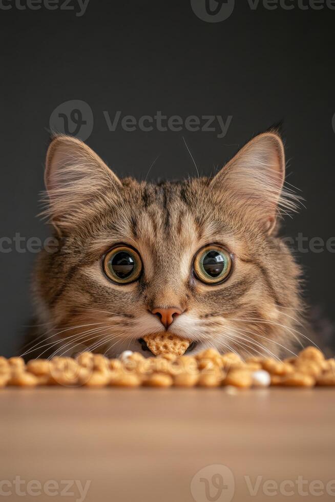 Cat explores breakfast chaos with curiosity and a cereal box on the kitchen table photo