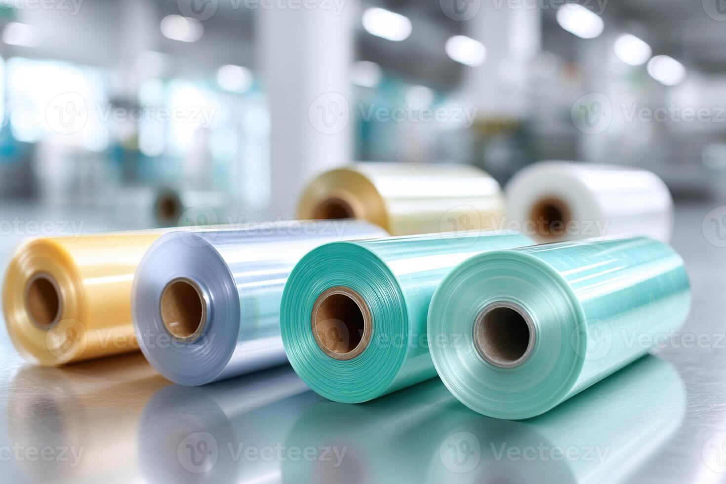 Close-up display of various packaging films in a bright manufacturing environment photo