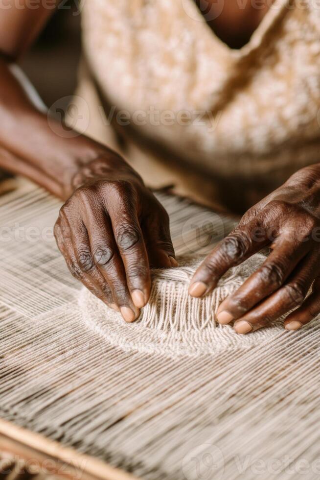 Artisan hands weaving fabric on a loom showcasing traditional craftsmanship in textile art photo