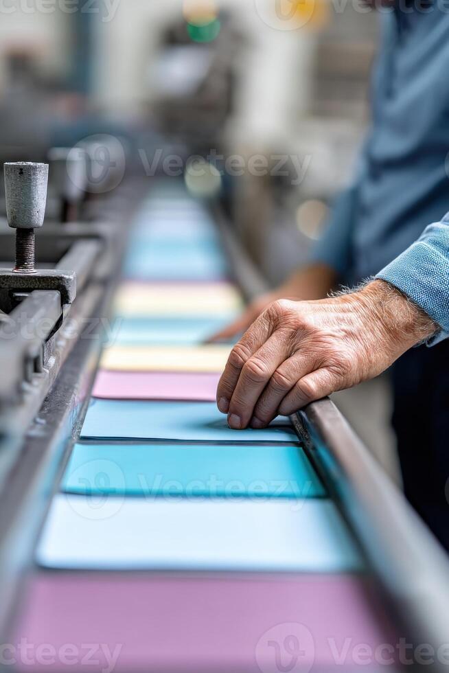 Close-up of printing press producing colorful book pages in a lively factory photo