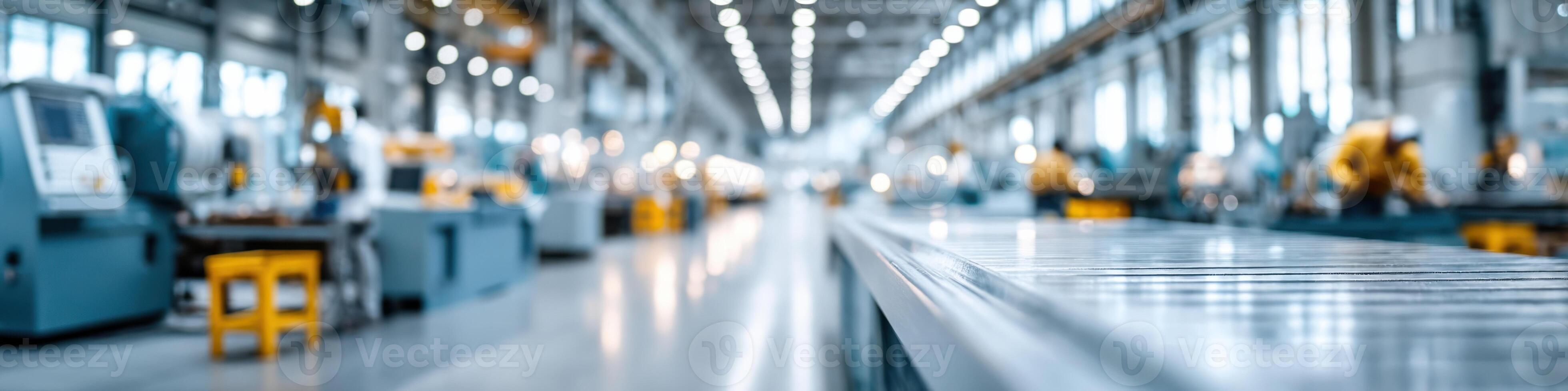Dynamic assembly of drilling machines in a busy factory environment with clear space for added text photo