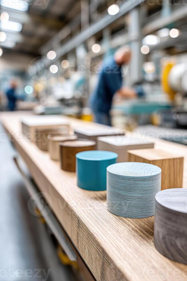 Close-up view of vibrant cabinet components in a lively factory setting showcasing creativity and craftsmanship photo