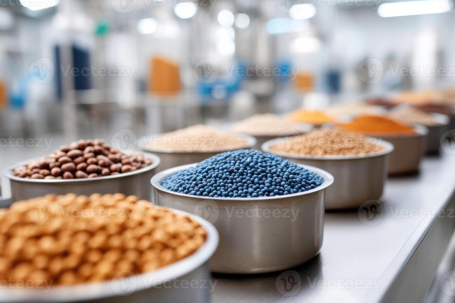 Bright manufacturing setting showcases a variety of bulk goods in distinct containers for production purposes photo