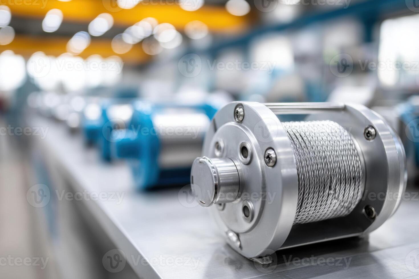 Close-up of winches displayed in a bright manufacturing environment with ample room for details photo