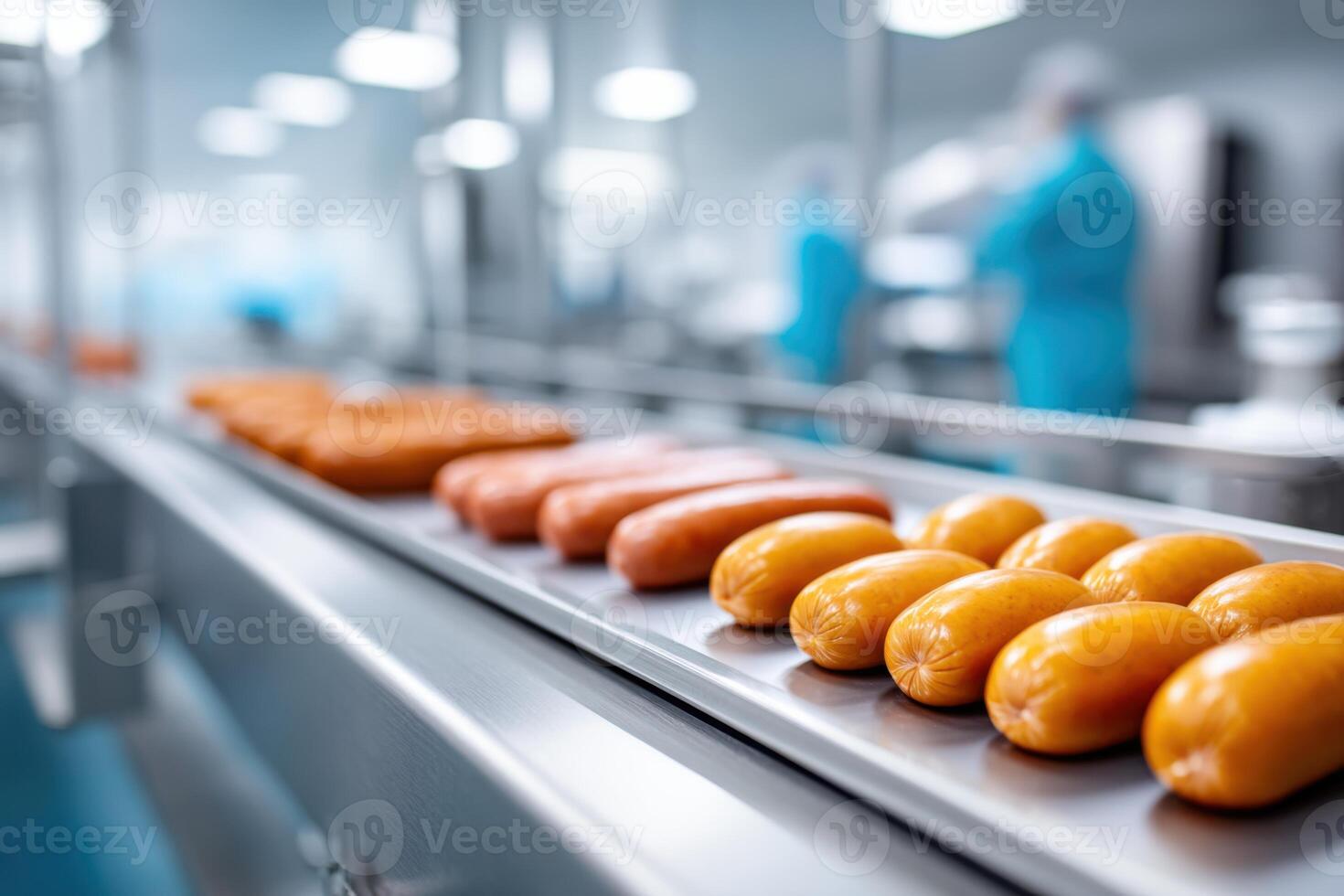 Bright and colorful sausage production line showcasing a variety of sausages in a clean facility photo