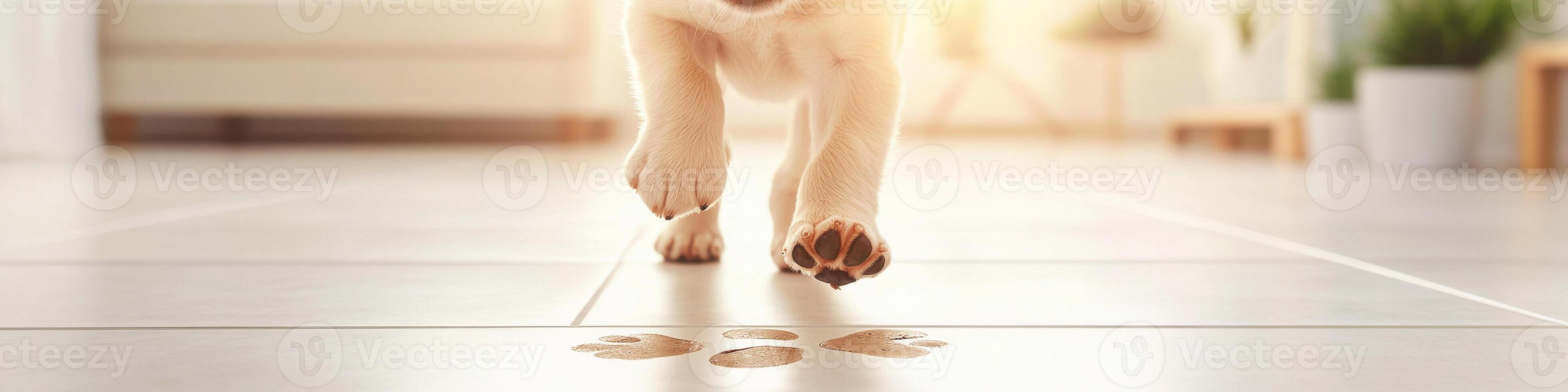 Puppy prancing joyfully, leaving muddy paw prints on freshly cleaned floor tiles photo