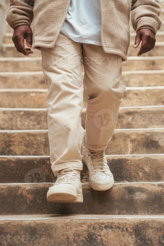 Elderly man joyfully steps up stone steps of historic building showcasing a passion for history photo