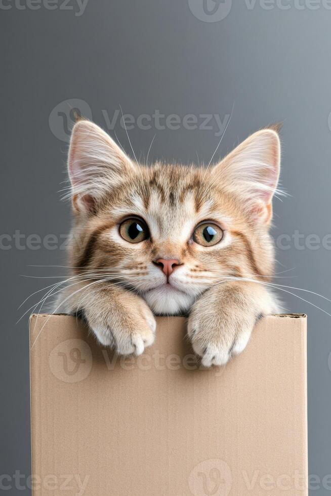 Determined cat trying to fit into a small cardboard box, showcasing curiosity and cuteness photo