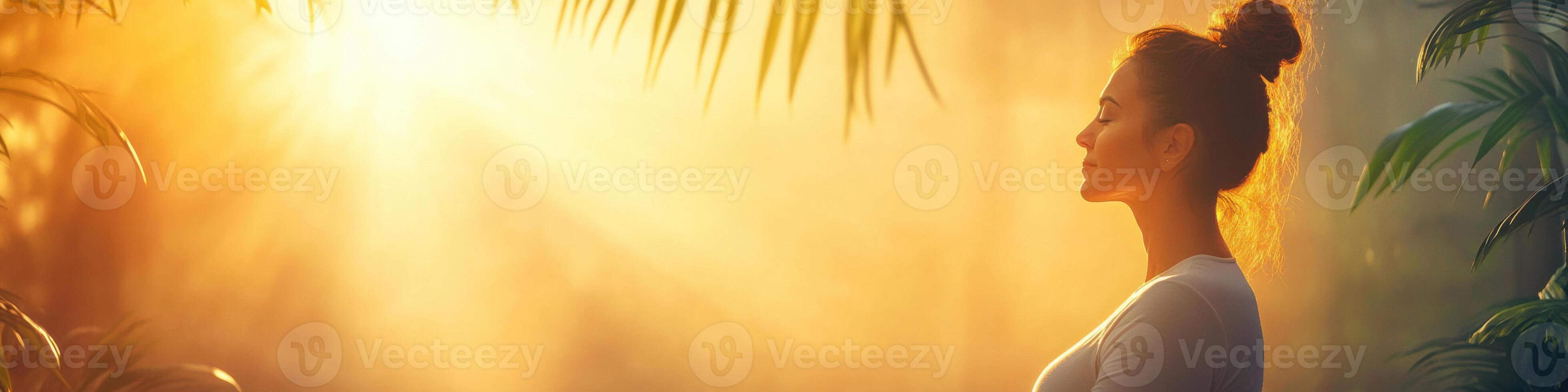 Diverse woman practicing yoga for upper body pain relief in a tranquil environment during sunset photo
