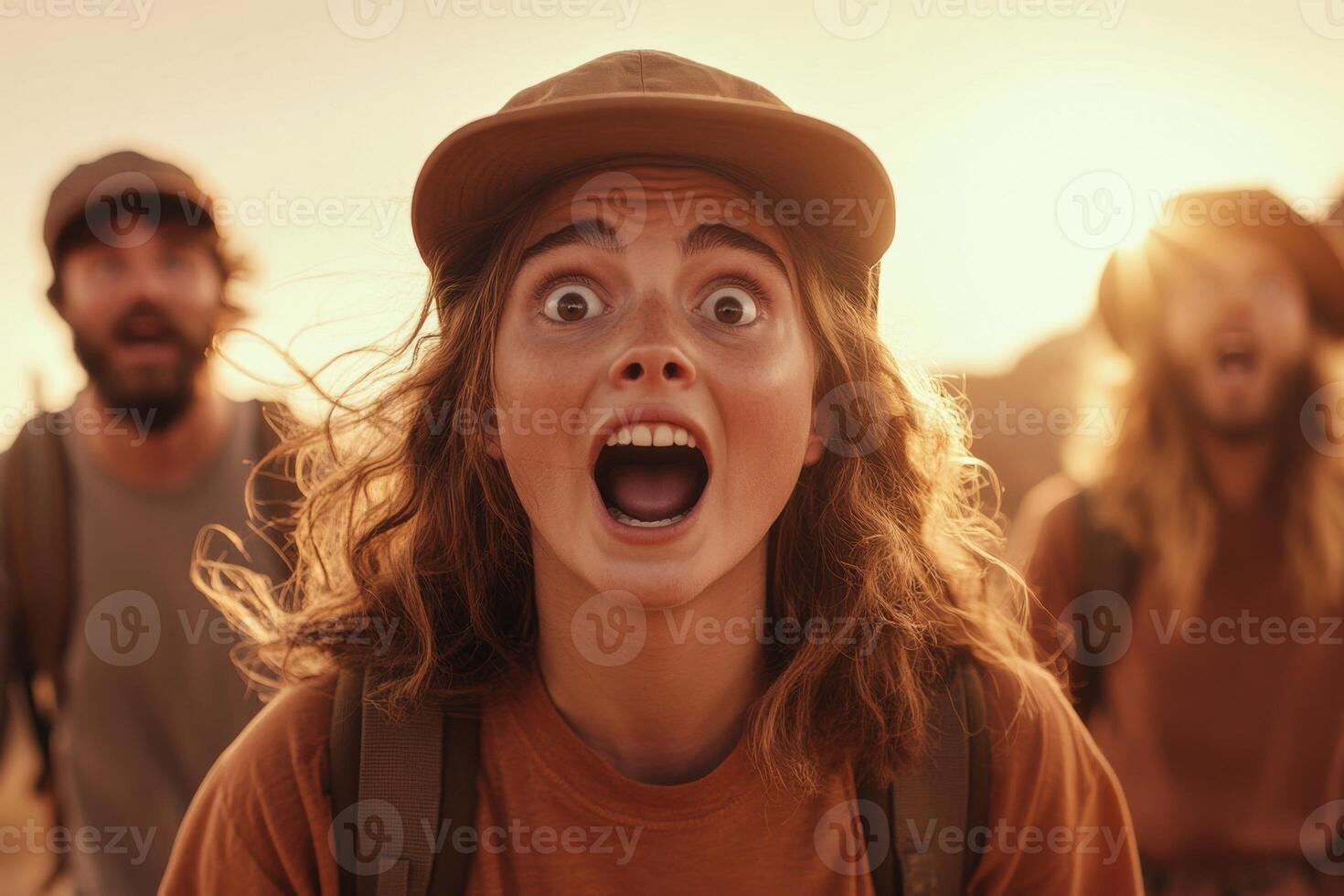 Friends experience humor and panic while lost on a hiking trail during sunset adventure photo