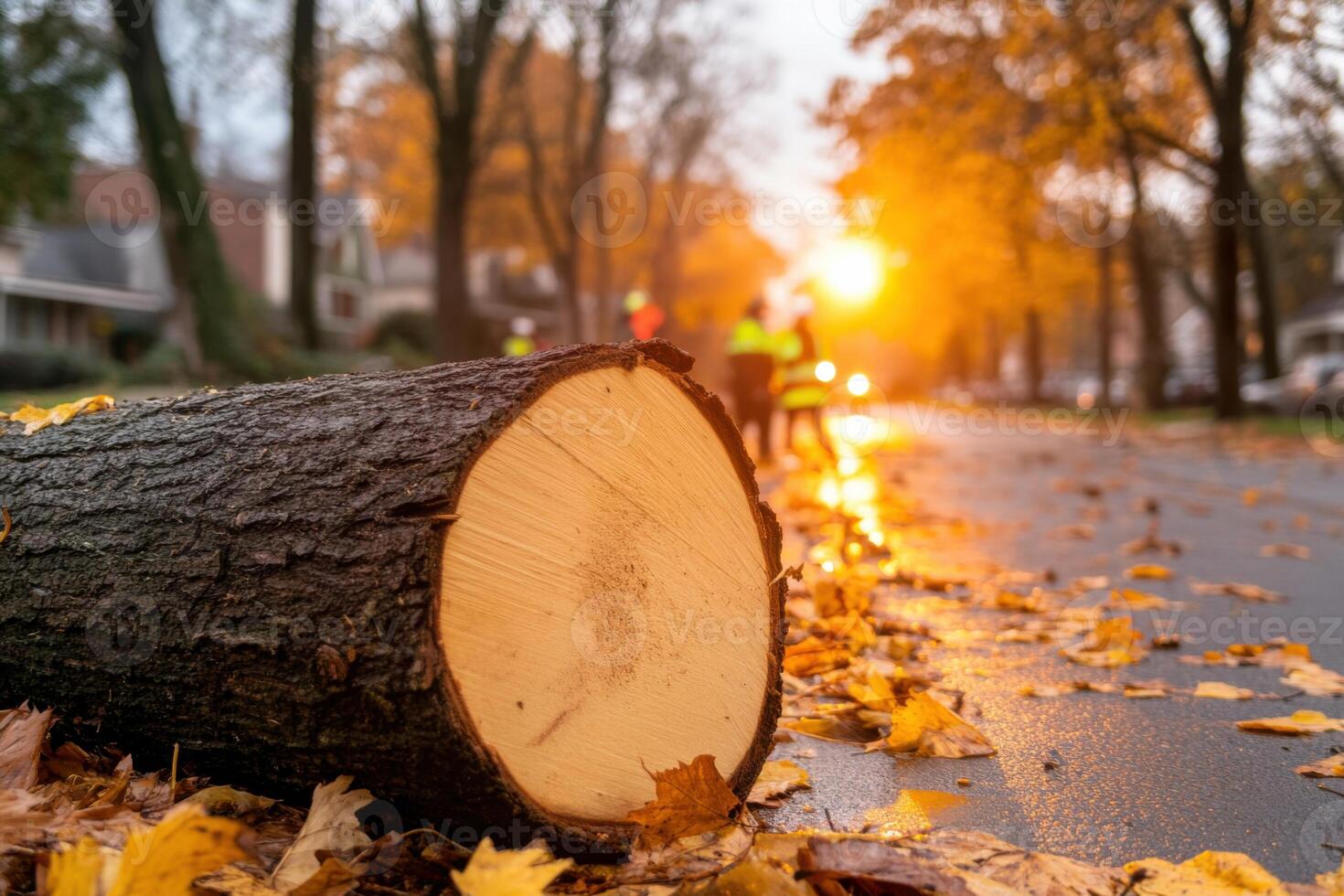 Emergency workers clear fallen tree from neighborhood street as residents observe during autumn sunset photo