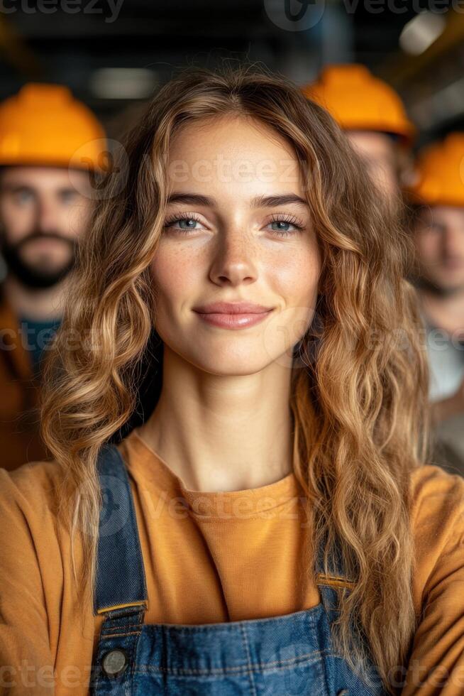 Diverse factory workers celebrate teamwork and dedication in a vibrant production environment photo