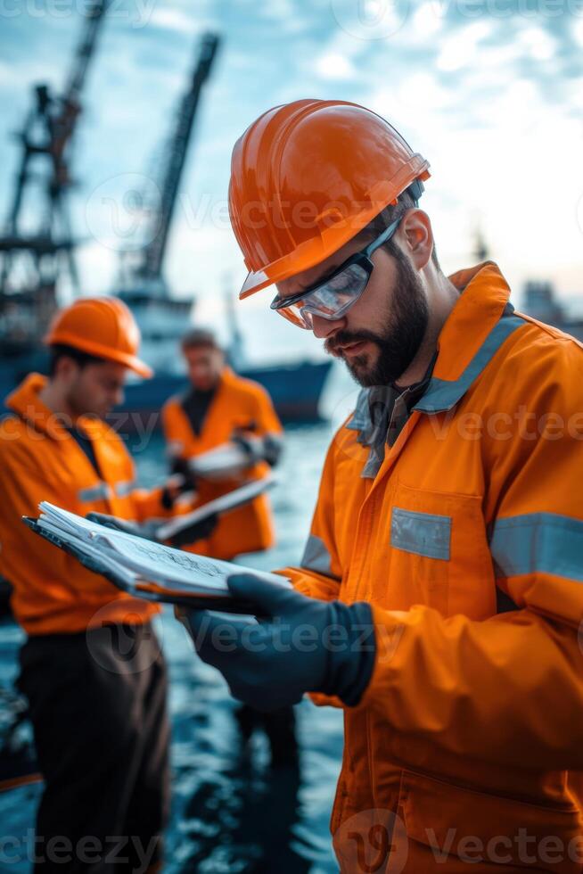 Engineers collaborate on marine projects with focus on safety and innovation in ocean engineering settings photo