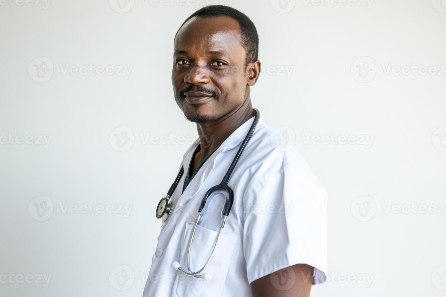 Dedicated veterinarian in professional attire with a stethoscope on a clean white background photo