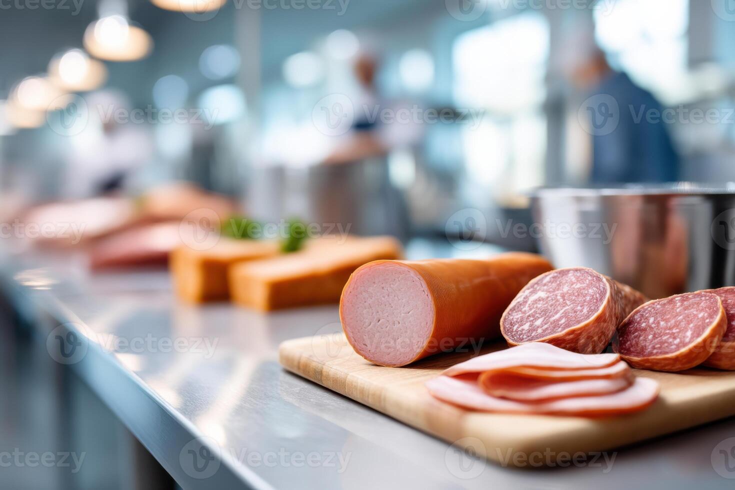Close up of handcrafted meat delicacies displayed in a colorful production facility photo