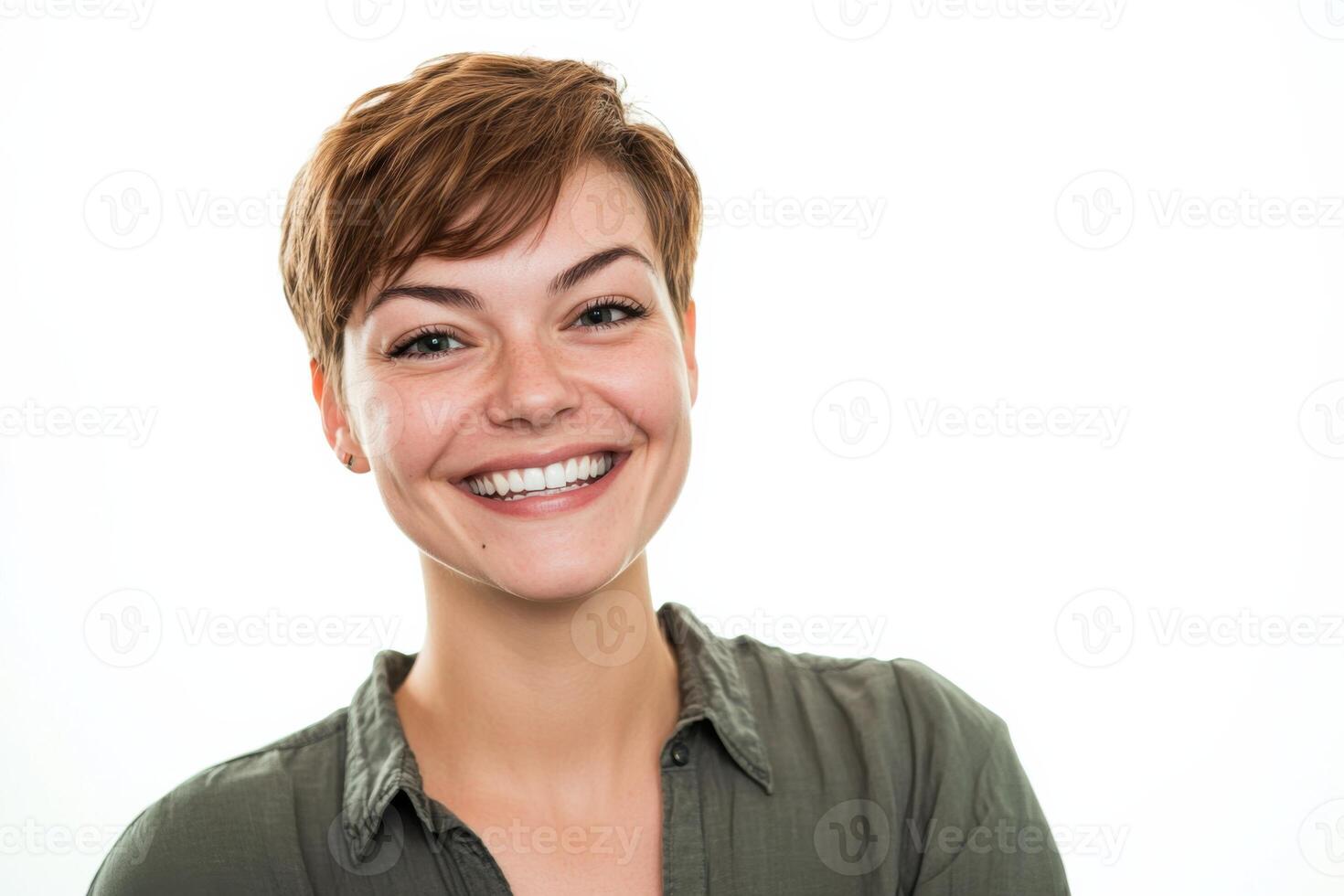 Cheerful person smiling on a clean white background with natural lighting photo
