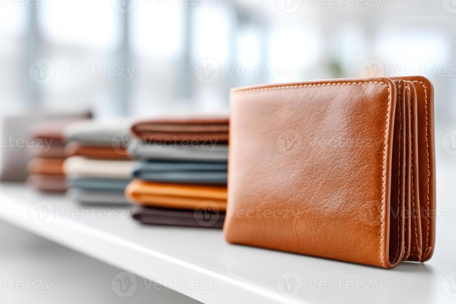 Close-up of leather wallet designs showcasing craftsmanship in a bright and organized factory environment photo