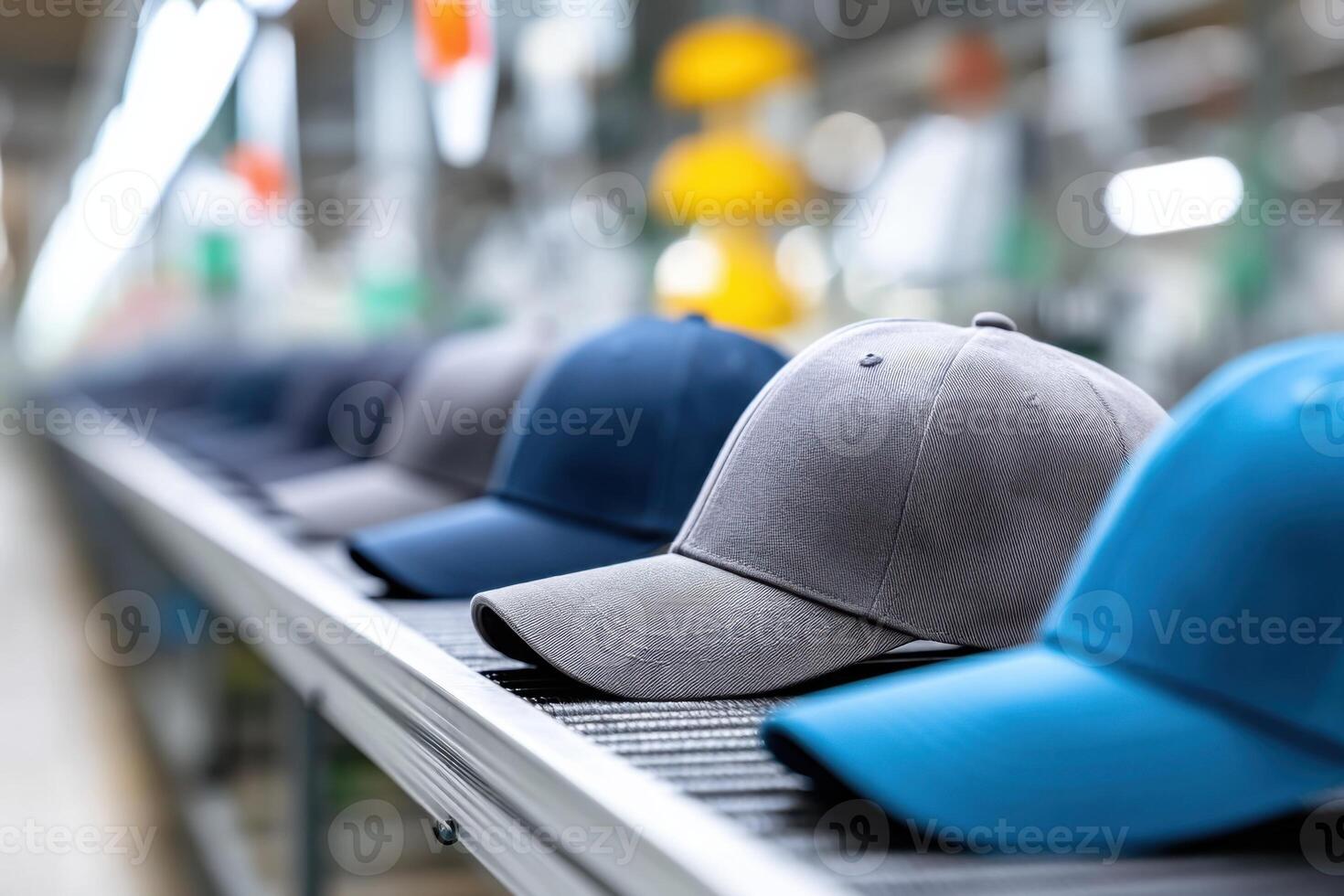 Close-up view of baseball cap production on the assembly line in a vibrant factory environment photo