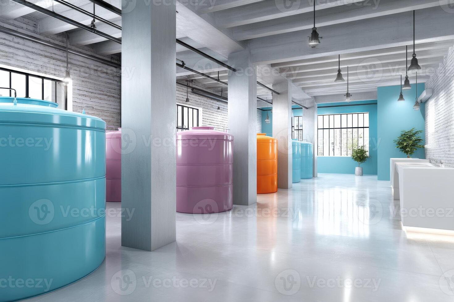Bright and colorful interior of agricultural by-product manufacturing facility filled with storage tanks photo