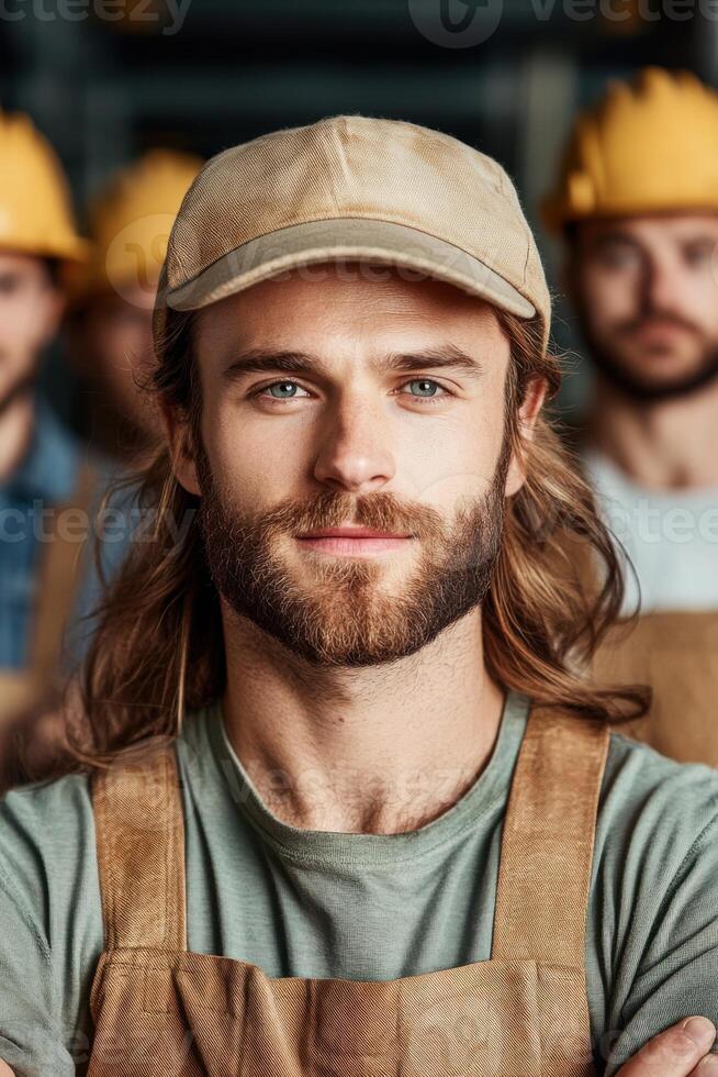 Diverse group of factory workers showcasing teamwork and dedication in a manufacturing setting photo