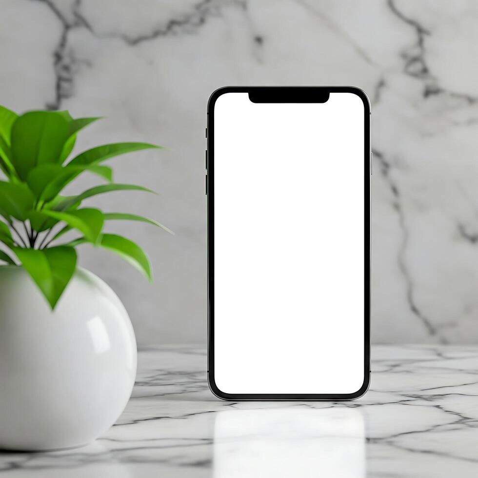 A modern Smartphone Mockup with Blank White Screen on Grey Marble Surface photo