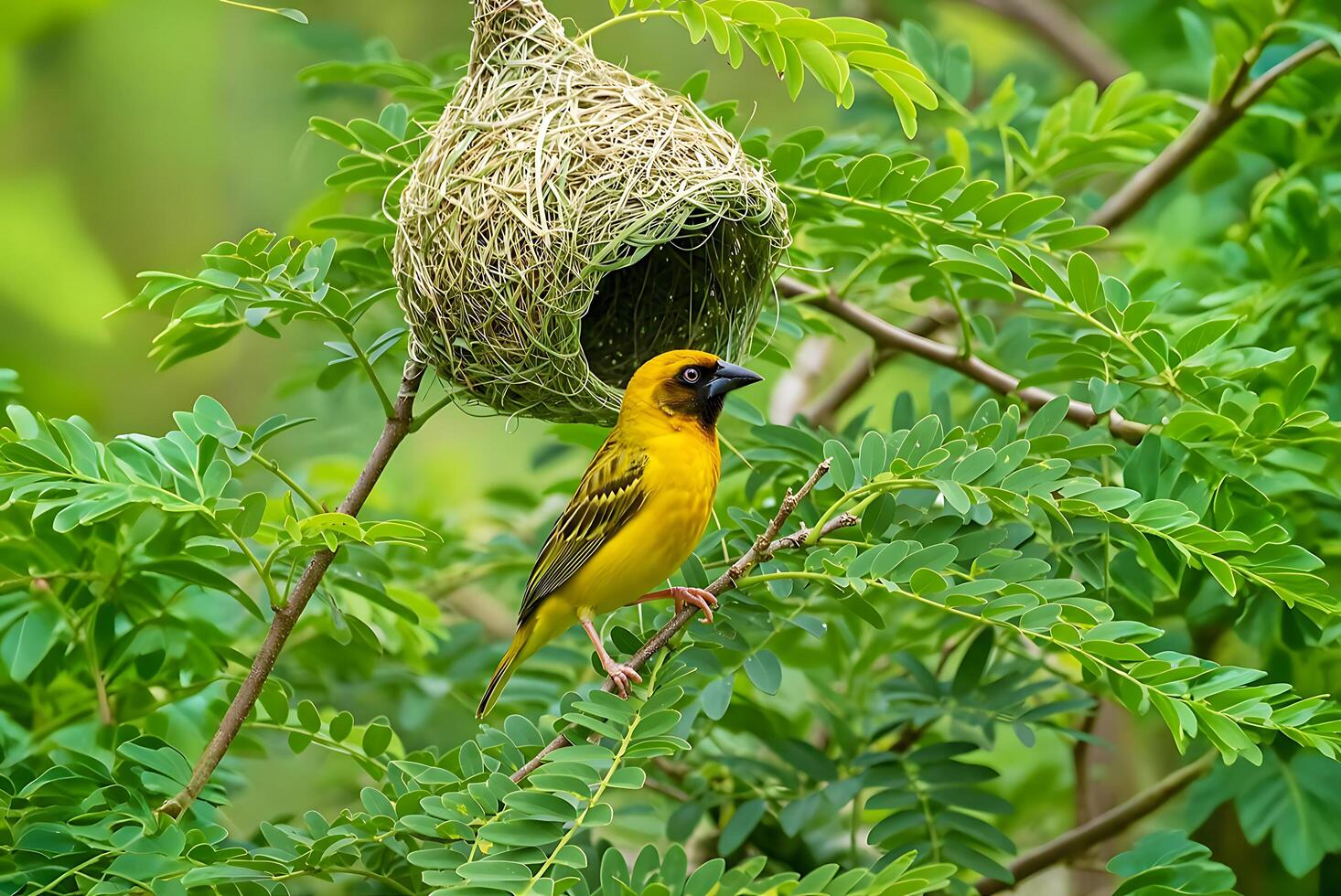 Vibrant Yellow Weaver Bird Perched Near Intricate Nest in Lush Greenery photo