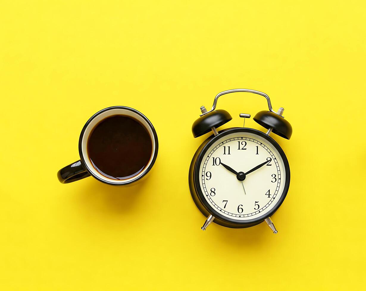 Coffee Cup and Alarm Clock on Yellow Background photo