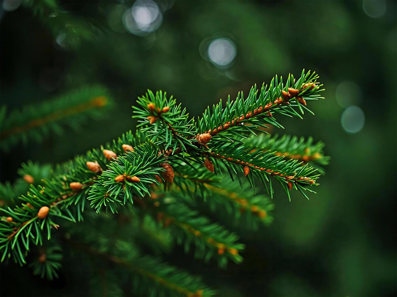 Closeup of Evergreen Needles and Cones with Soft Bokeh photo
