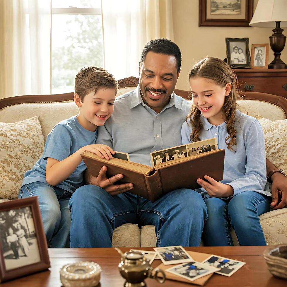 Father and Children Looking at Old Photo Album Together - A Father's Day Concept