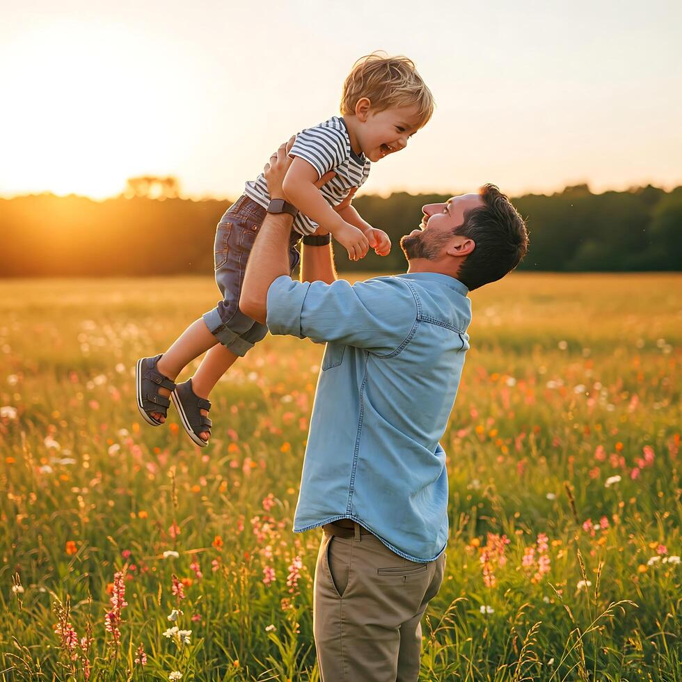Father and Son Playing in a Flower Field at Sunset - A Father's Day Concept photo