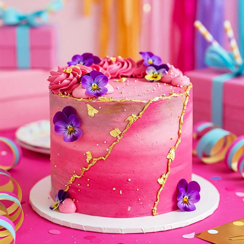 Colorful Pink Birthday Cake with Flowers and Gold photo