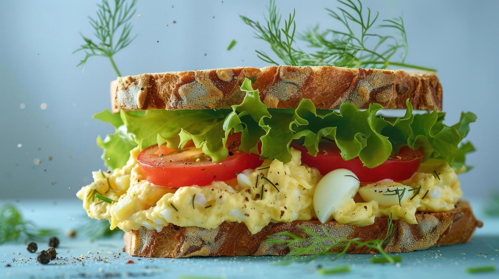 A sandwich with egg salad and tomatoes photo