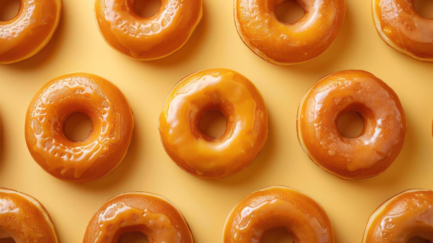a group of glazed donuts sitting on top of a yellow surface photo