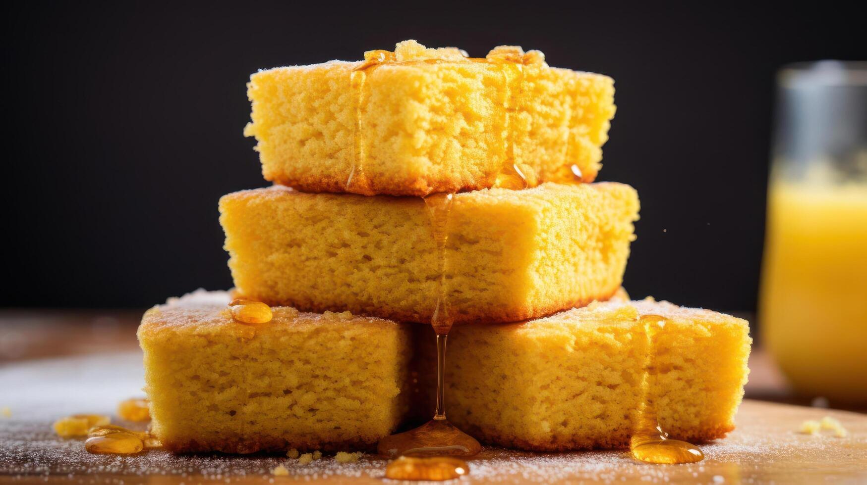 Stacked honey cakes with drizzle, simple dessert, golden sweetness. photo