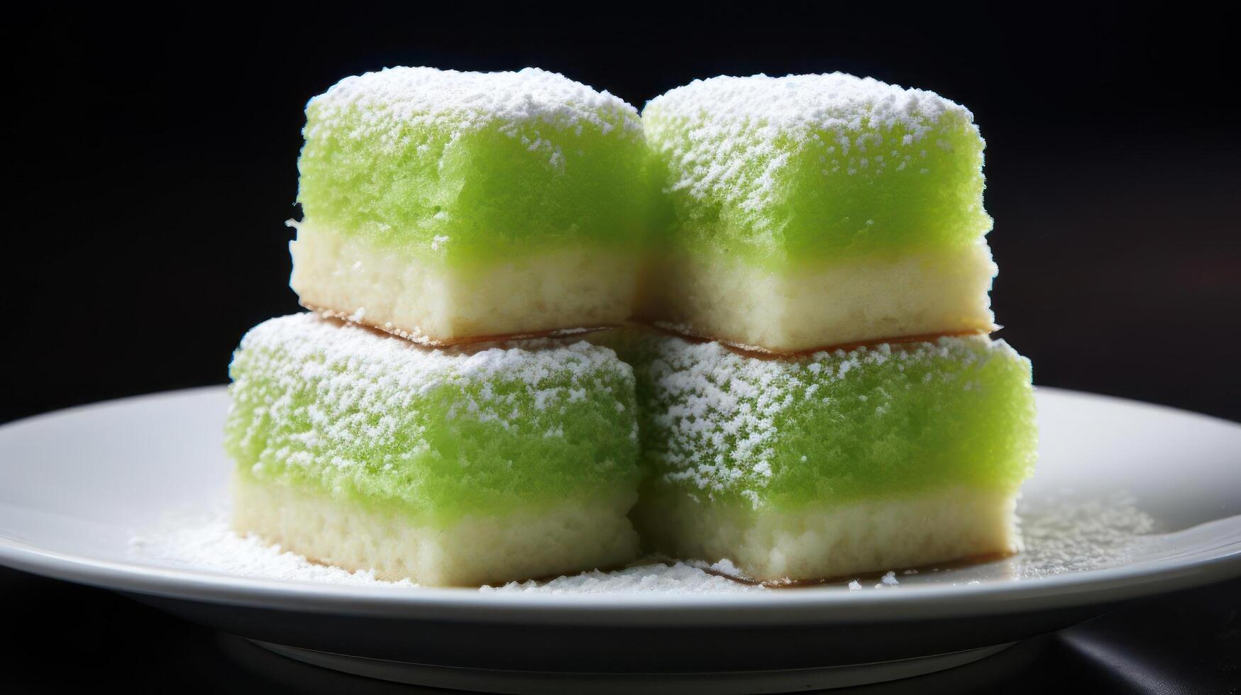 Stacked green cake with powdered sugar on a plate. photo