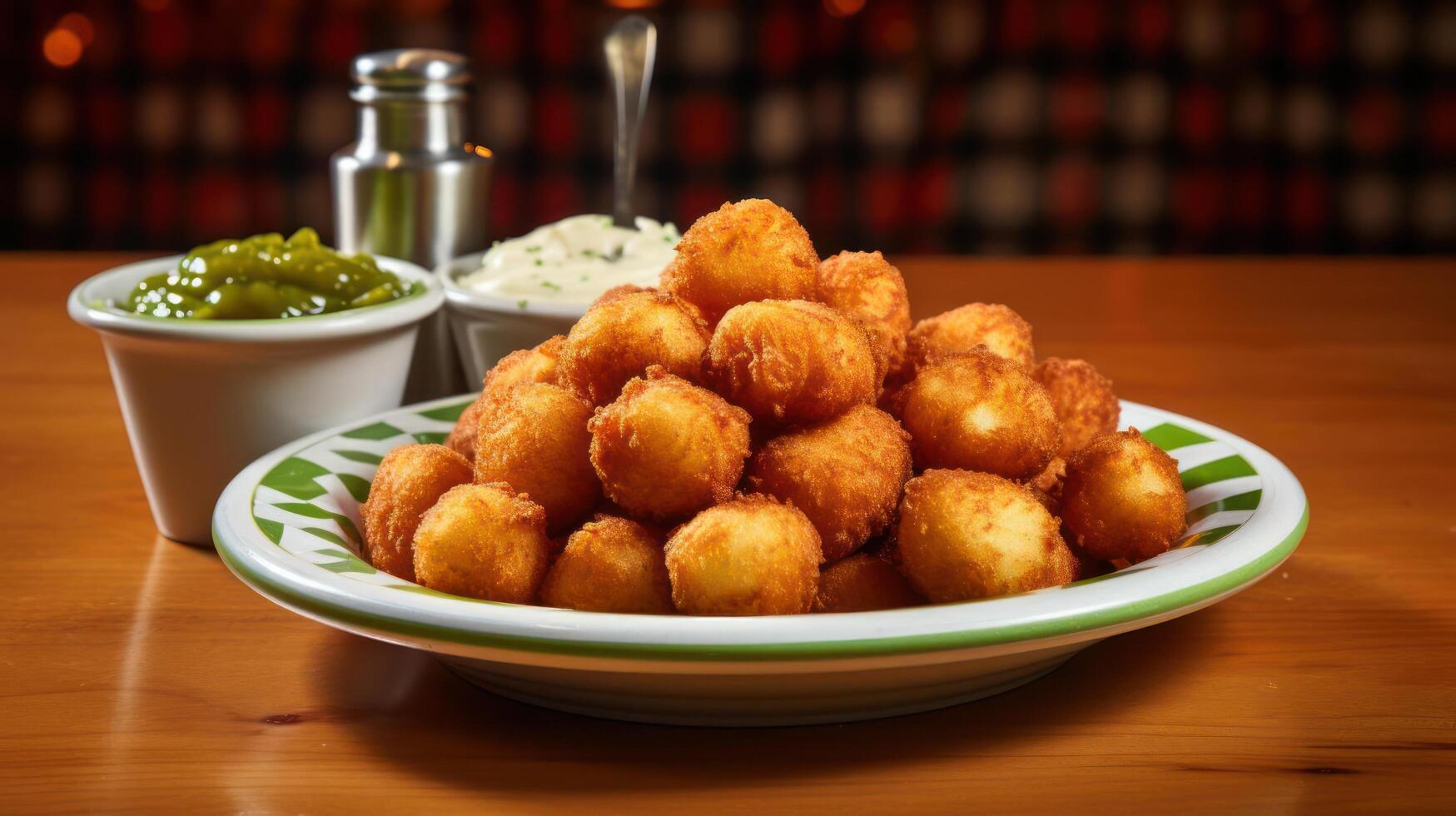 Loaded potato bites with dipping sauces on a plate. photo