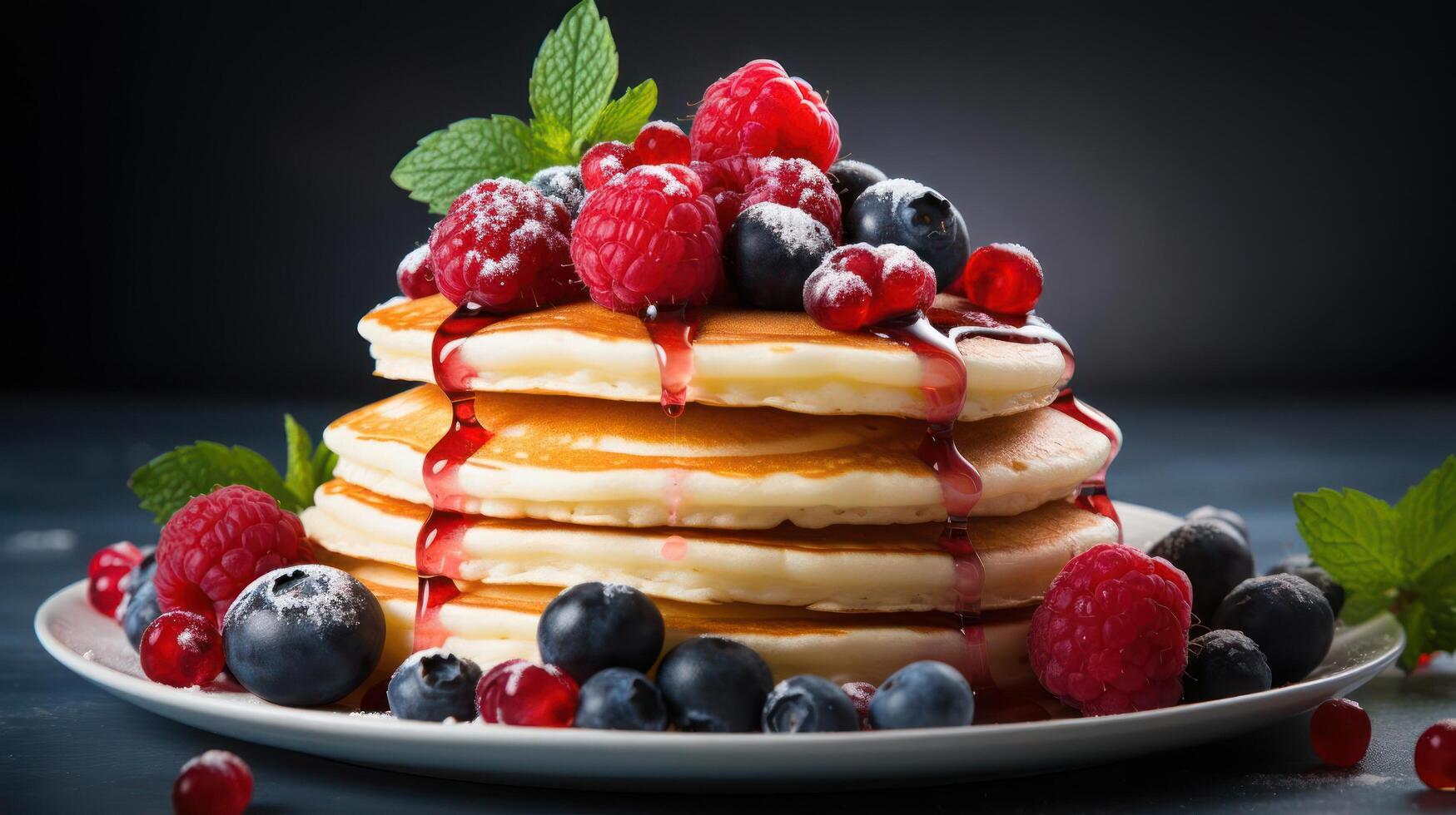 Stack of pancakes with berry topping and syrup. photo