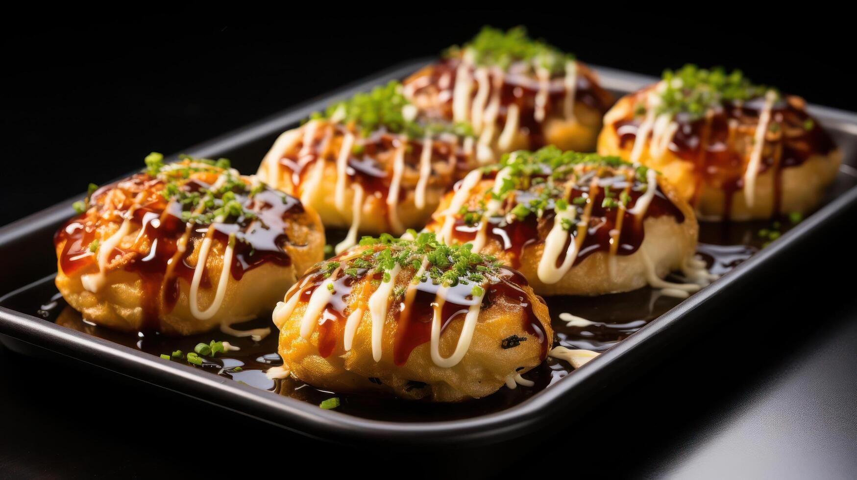 Delicious Takoyaki balls on a plate, ready to eat. photo