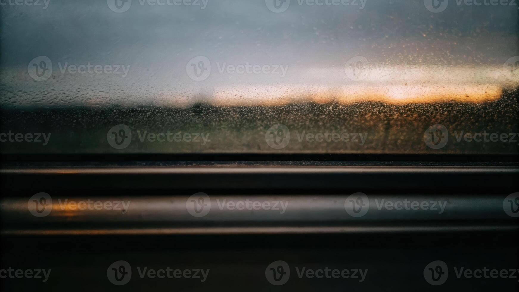 Inside a train a single hand on a condensation-covered window blurred landscape view at dusk photo