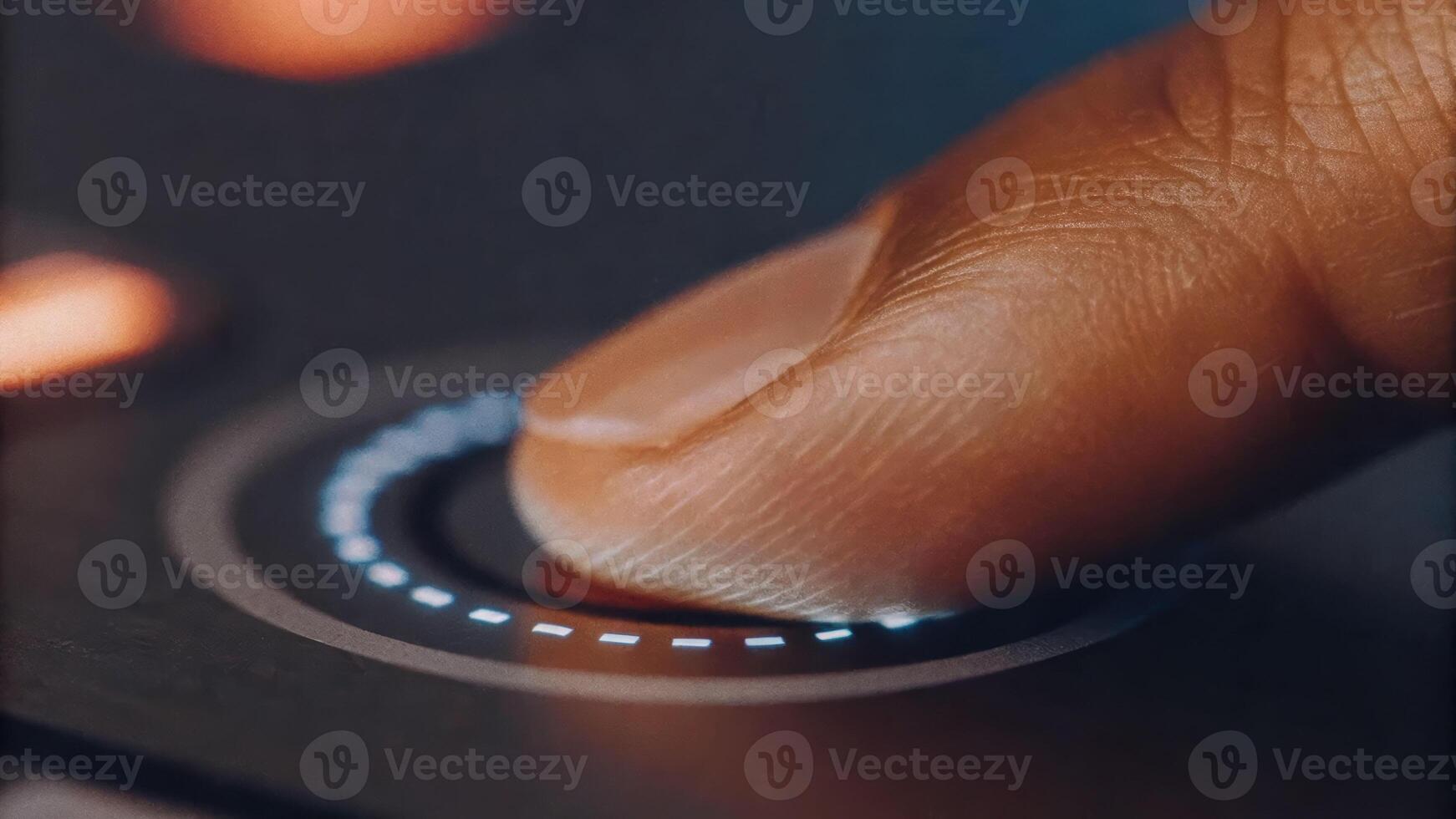Cyber finger focus on virtual control panel touching fingerprint recognition graphics in modern technology environment photo
