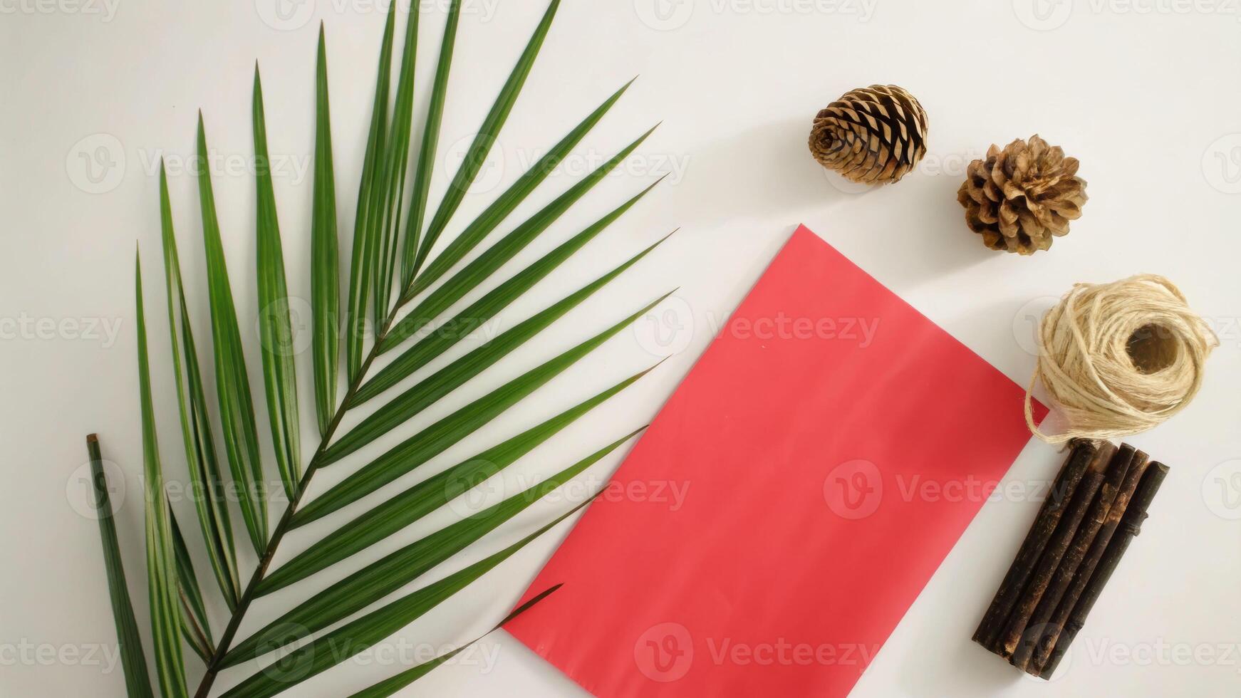 Palm leaf and pine cones flat lay composition rustic natural elements cozy home decor nature inspired photo