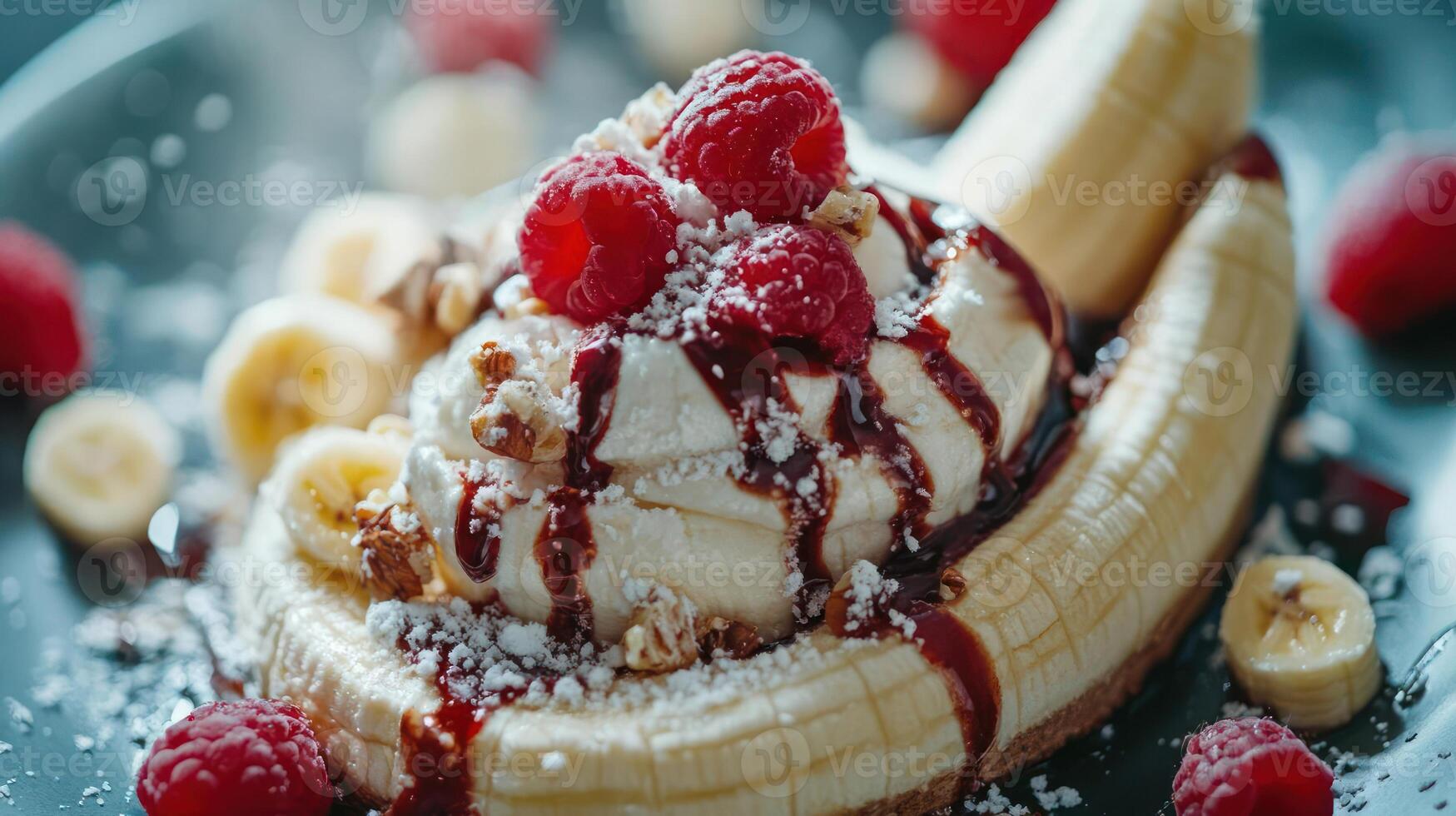 Banana split with raspberry and chocolate drizzle. photo