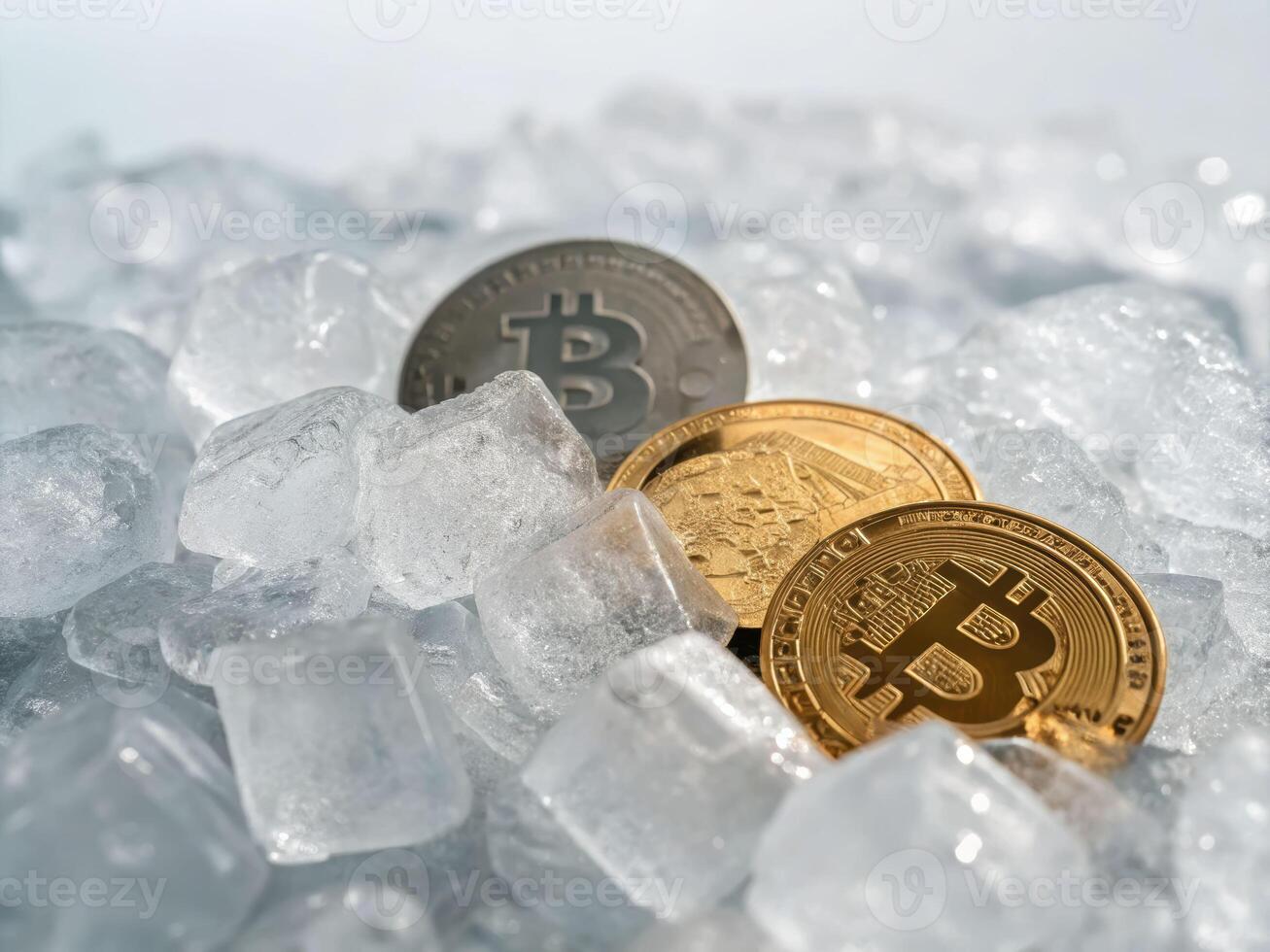 Cryptocurrency coins frozen in ice abstract financial image cool environment close-up view photo
